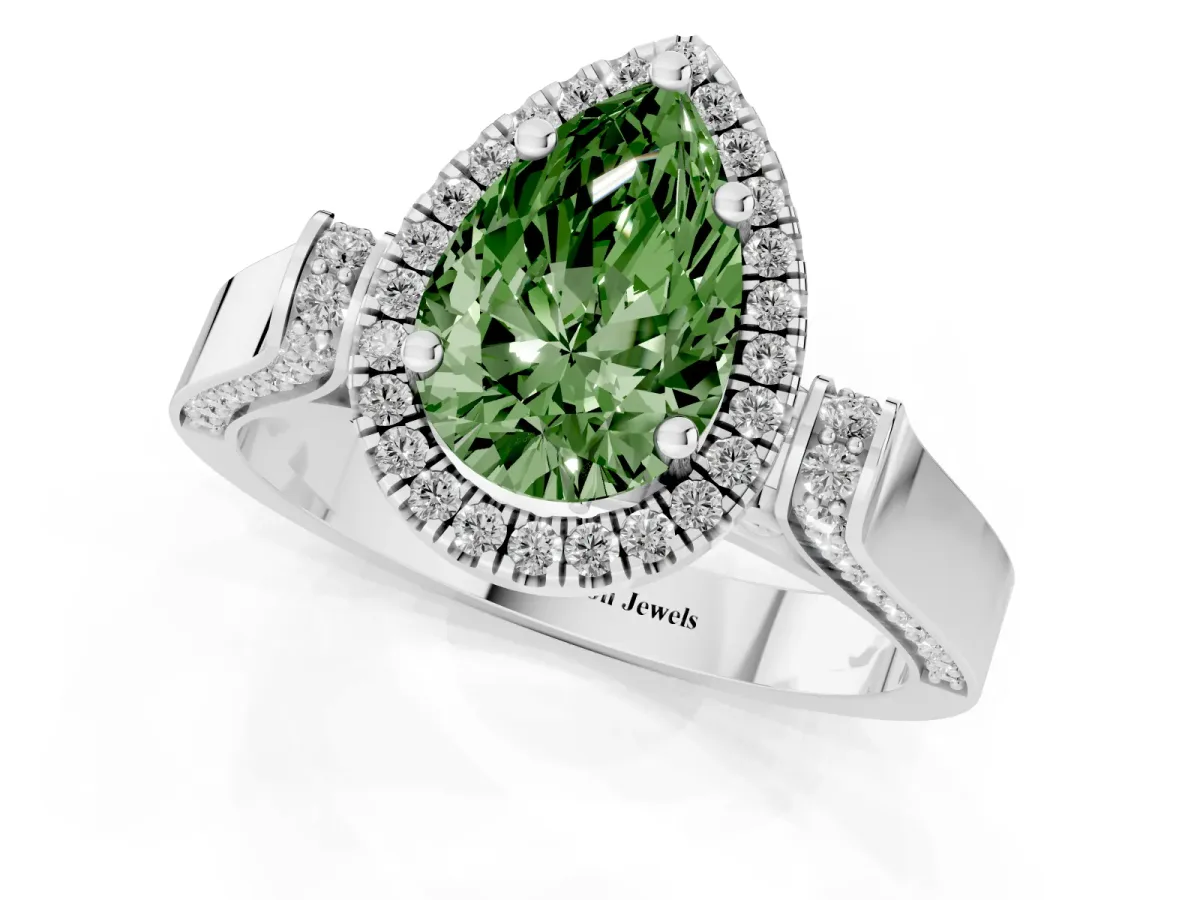 Fancy Green Pear Cut Halo Pave Split Shank Prong Setting Ring Silver
