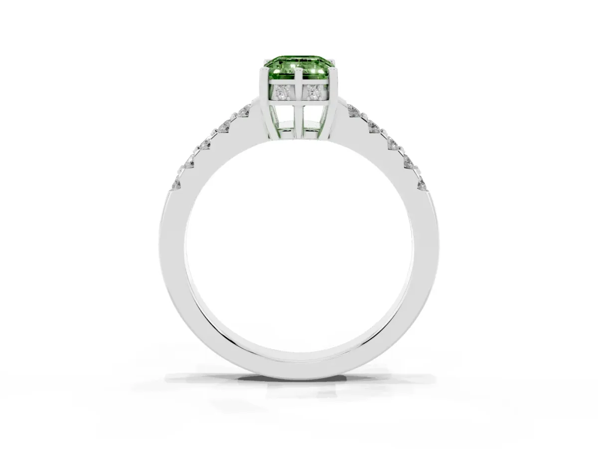 Fancy Green Emerald Cut Solitaire Diamond Engagement Ring with Pavé Band and Six-Prong Setting Silver
