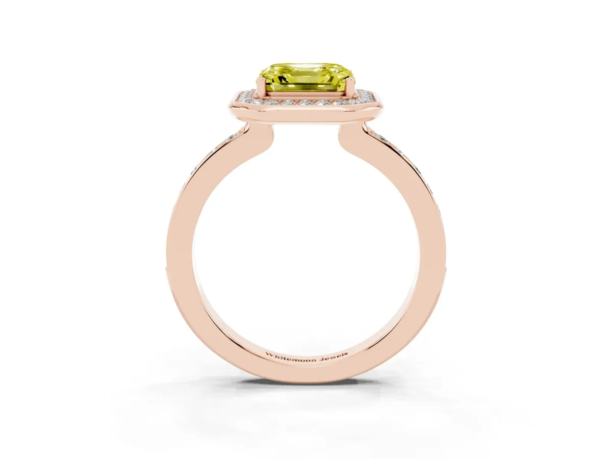 Fancy Yellow Asscher Cut Diamond Halo Ring with Bezel Frame and Pavé Band Rose gold