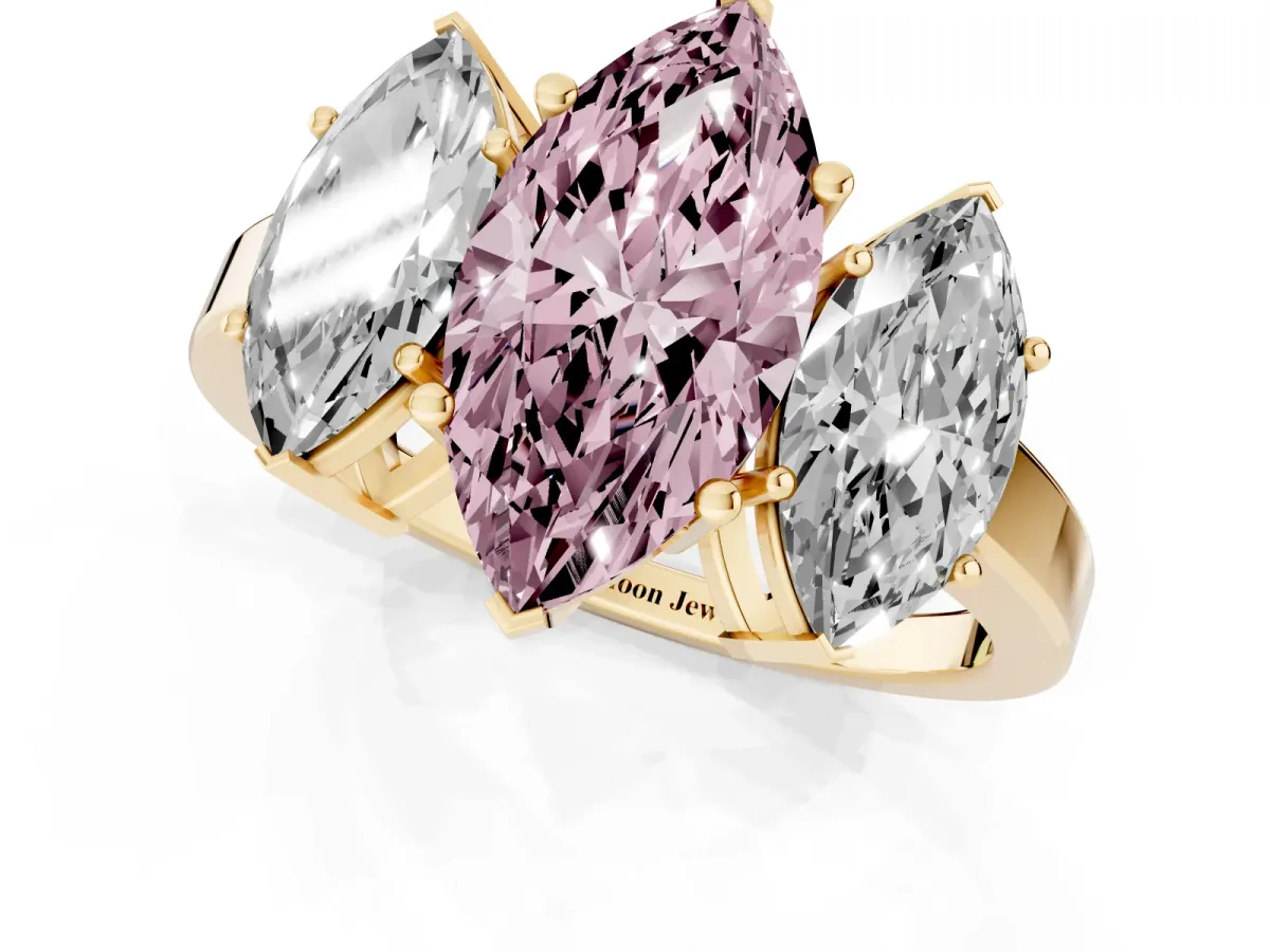 Fancy Pink Three-Stone Marquise Cut Cut Diamond Engagement Ring with Flat Band and Four-Prong Setting Yellow gold