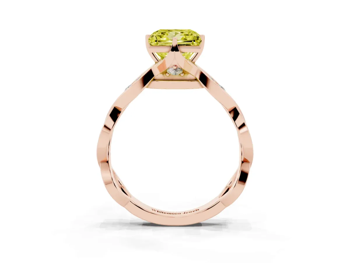 Fancy Yellow Princess Cut Solitaire Twist Band with Leaf Prong Setting Rose gold