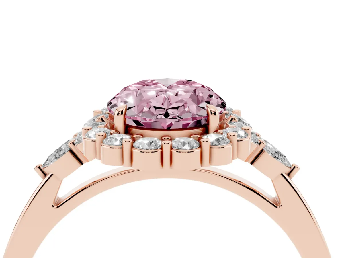 Fancy Pink Oval Cut Diamond Halo Ring with Pear Side Stones and Prong Setting Rose gold
