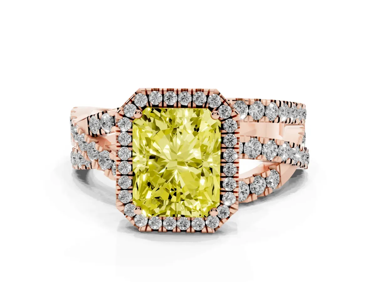 Fancy Yellow Radiant Cut Diamond Halo Ring with Round Split Shank and Prong Setting Rose gold