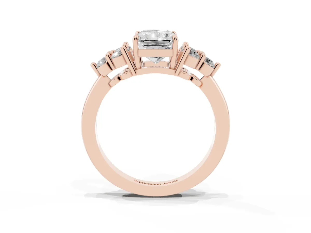 Radiant Cut Brilliant Diamond Cluster Accent Solitaire Ring with Prong Setting Rose gold