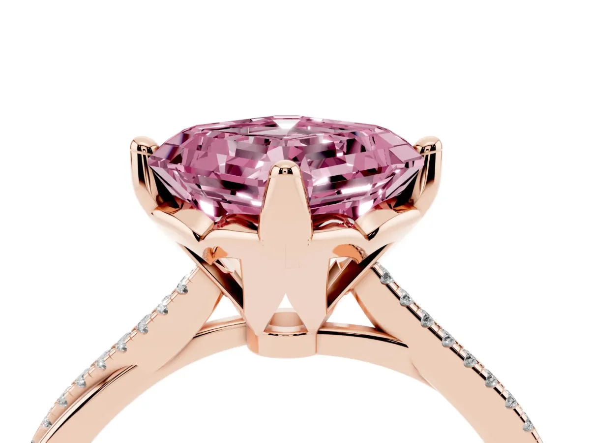 Fancy Pink Asscher Cut Solitaire Twist Band with Pavé Diamonds and Four-Prong Setting Rose gold