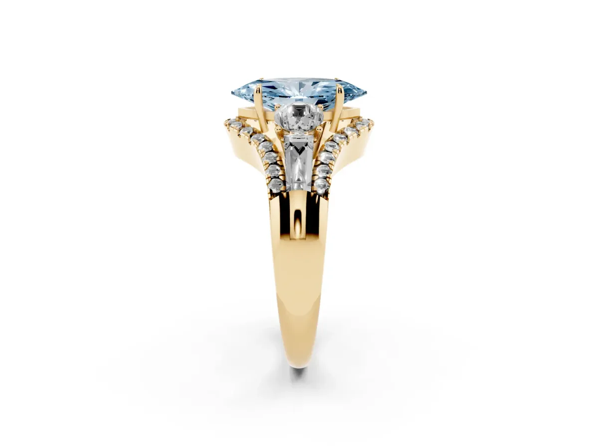 Fancy Blue Three-Stone Marquise Cut Diamond Engagement Ring with Pave Band and Prong Setting Yellow gold