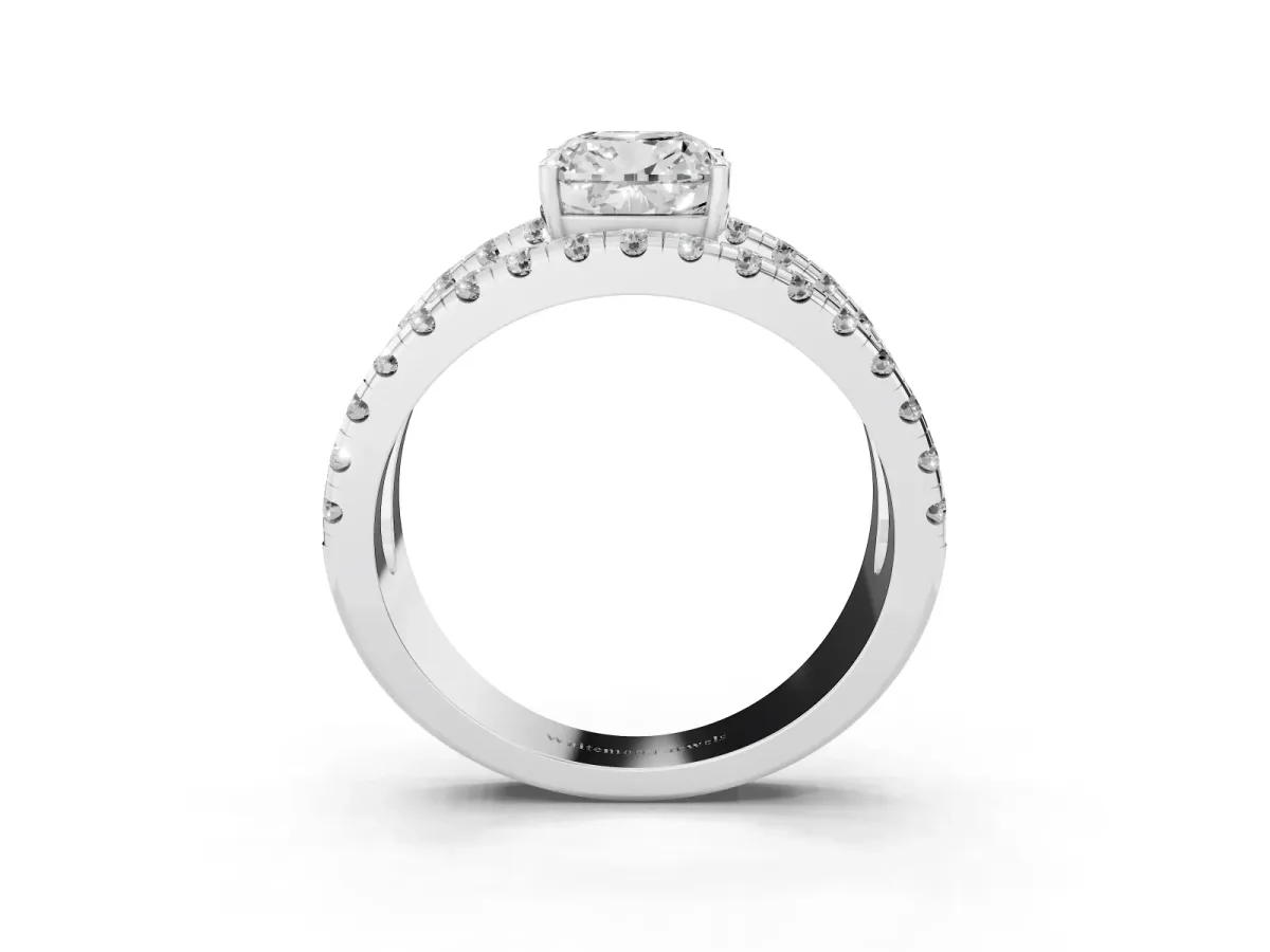 Cushion Cut Solitaire Split Shank Pave Diamond Ring Platinum