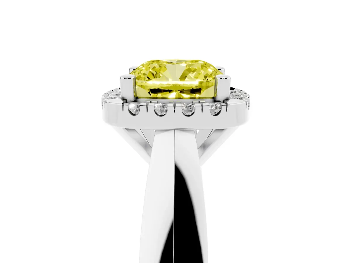 Fancy Yellow Cushion Cut Cut Halo Solitaire Engagement Ring with Square Band and Four-Prong Setting Platinum