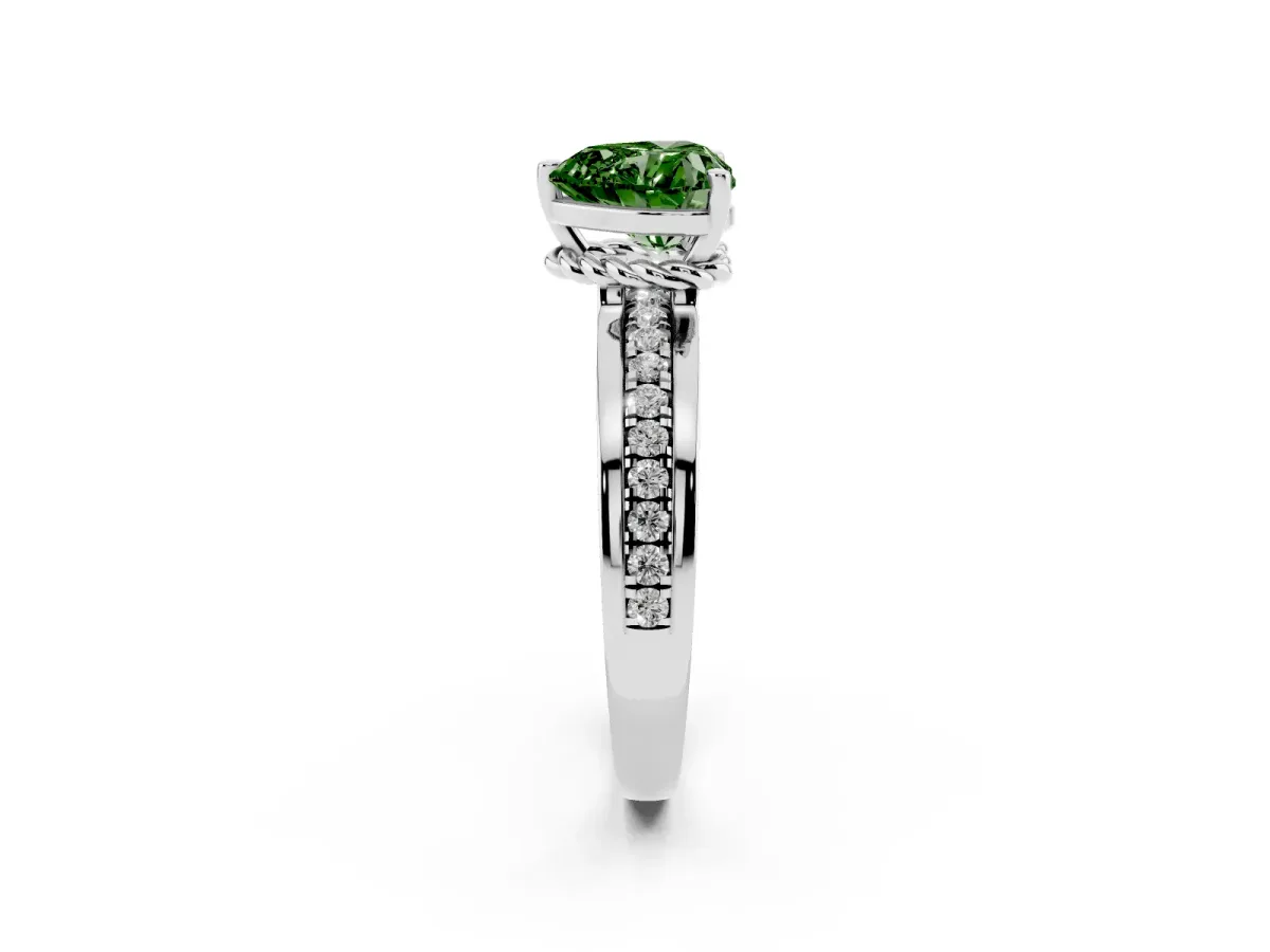 Fancy Green Heart Cut Solitaire Diamond Ring with Channel Set Band and Six-Prong Setting Silver