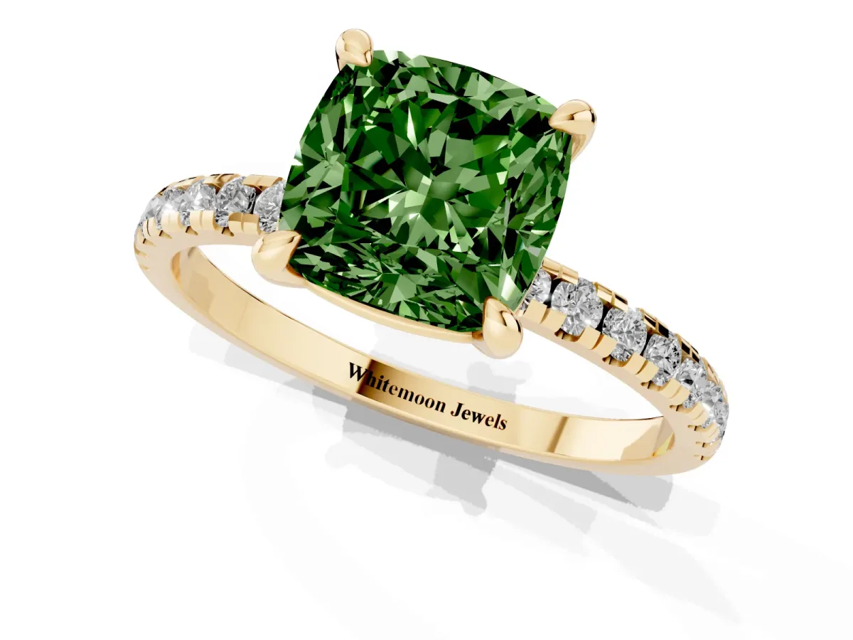 Fancy Green Cushion Cut Diamond Brilliant Solitaire Ring with Pavé Band and Four-Prong Setting Yellow gold