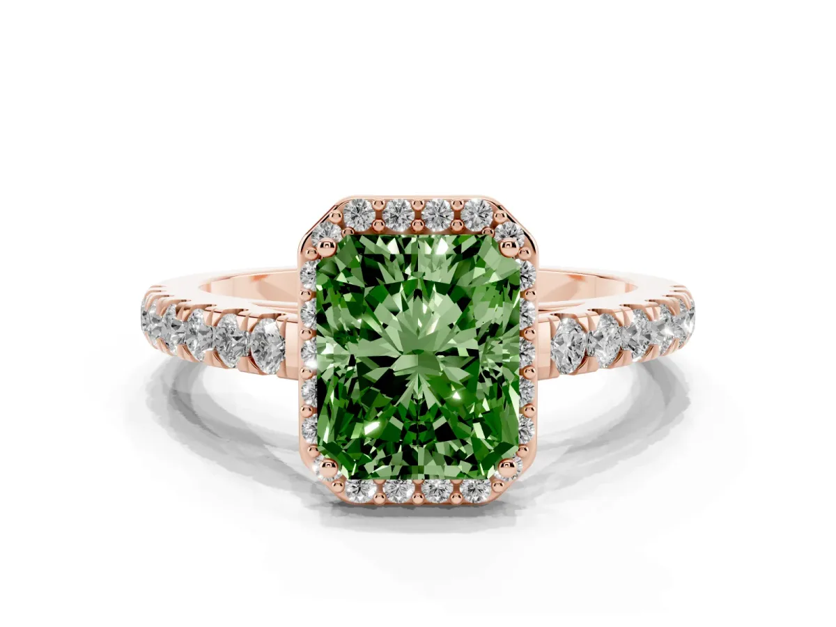 Fancy Green Radiant Cut Cut Halo Diamond Engagement Ring with Pave Band and Four-Prong Setting Rose gold