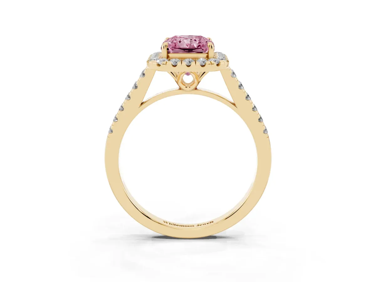 Fancy Pink Radiant Cut Halo Pavé Diamond Engagement Ring with Four-Prong Setting Yellow gold