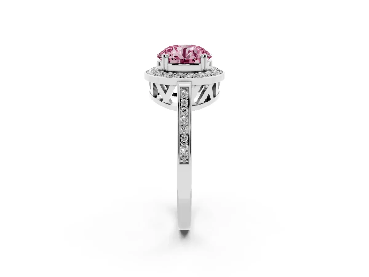 Fancy Pink Round Cut Diamond Halo Ring with Split Shank and Four-Prong Setting Platinum