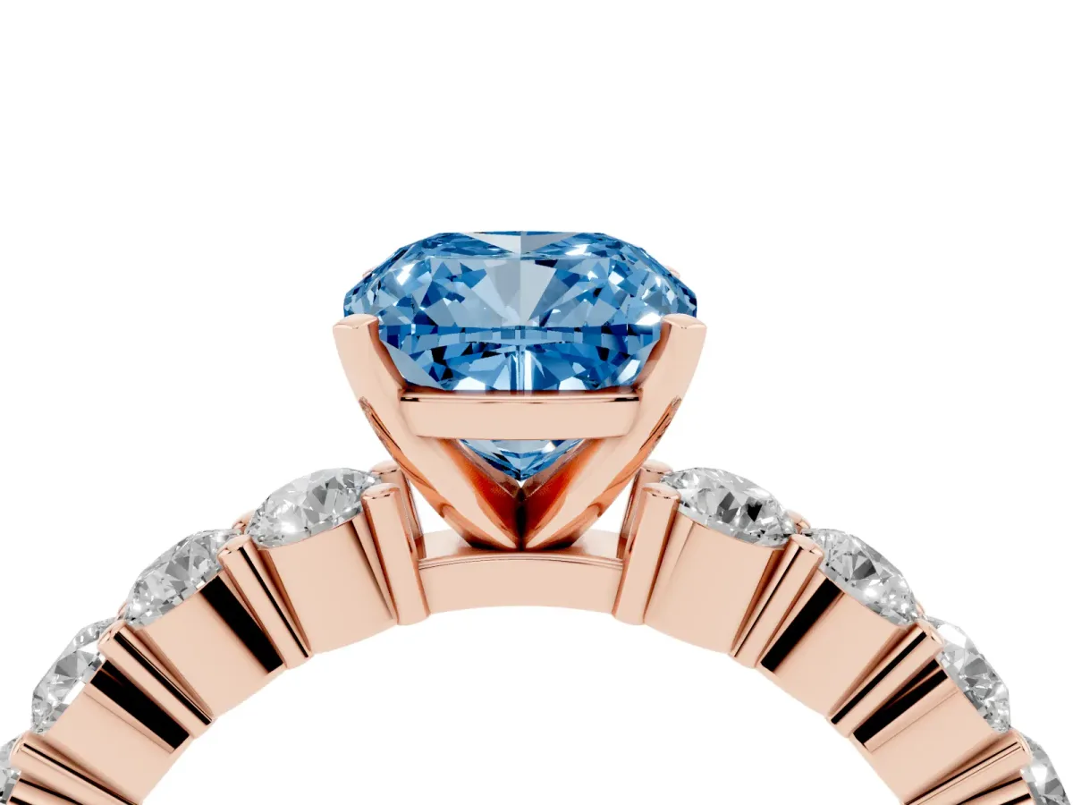 Fancy Blue Cushion Cut Diamond Solitaire Ring with Shared Prong Round Side Stones Rose gold