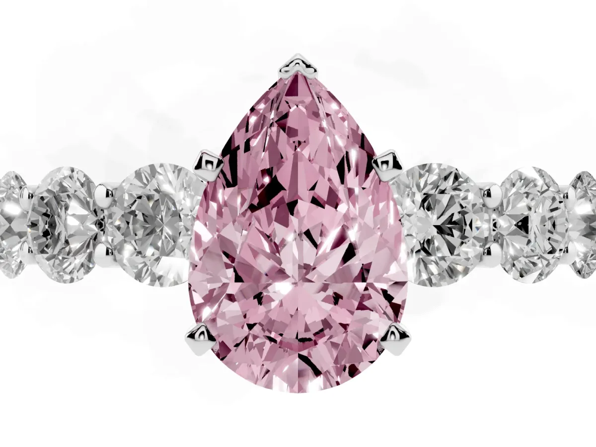 Fancy Pink Pear Cut Diamond Prong Setting with Side Stones on a Pave Band Silver