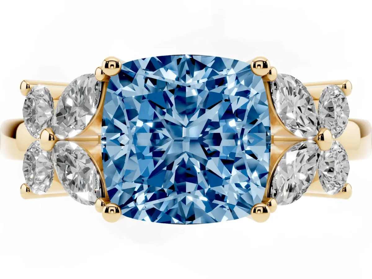 Fancy Blue Cushion Cut Diamond Floral Cluster Ring with Solitaire Band and Prong Setting Yellow gold