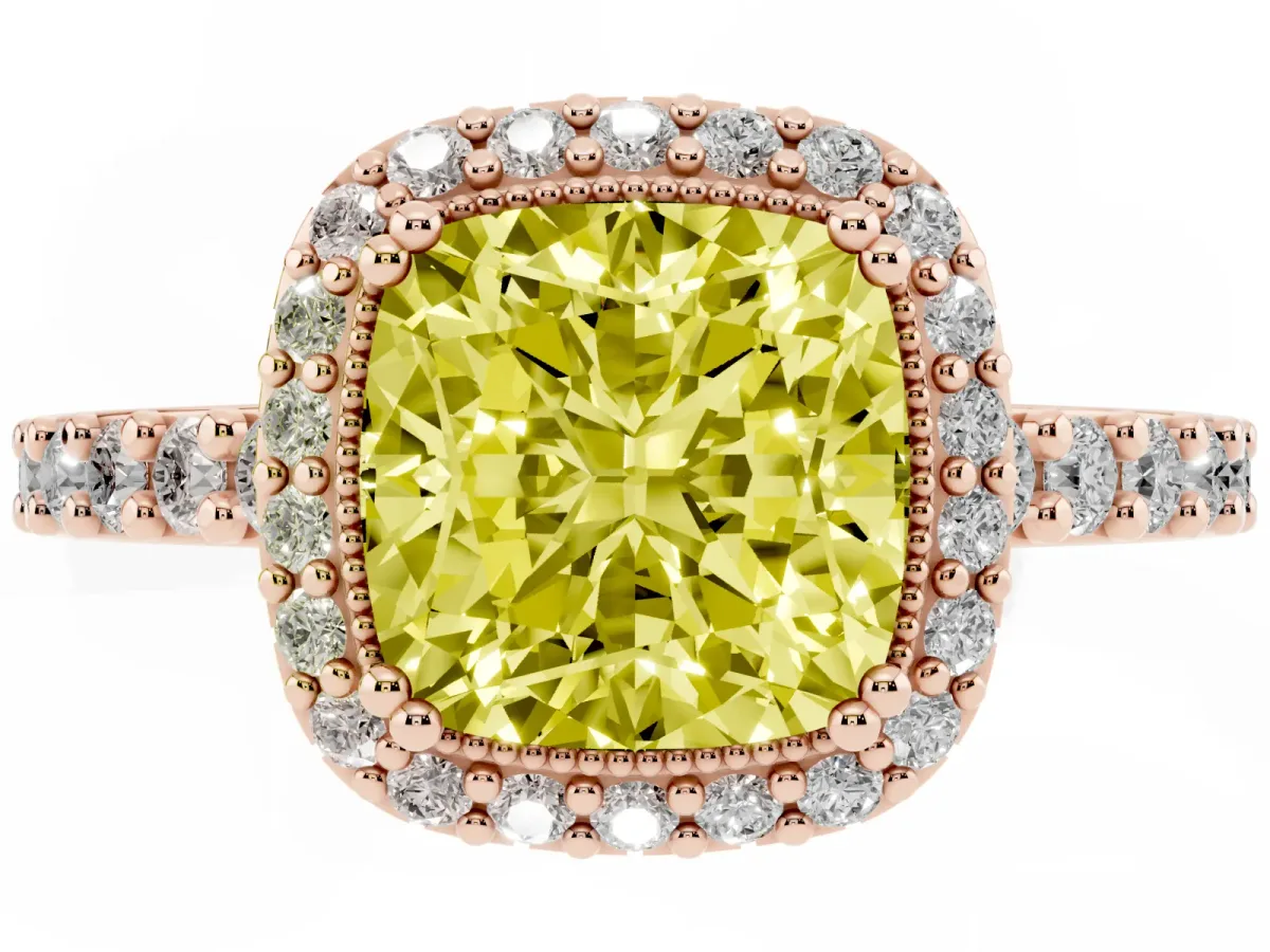 Fancy Yellow Cushion Cut Cut Diamond Halo Engagement Ring with Milgrain Detail and Pavé Band Rose gold