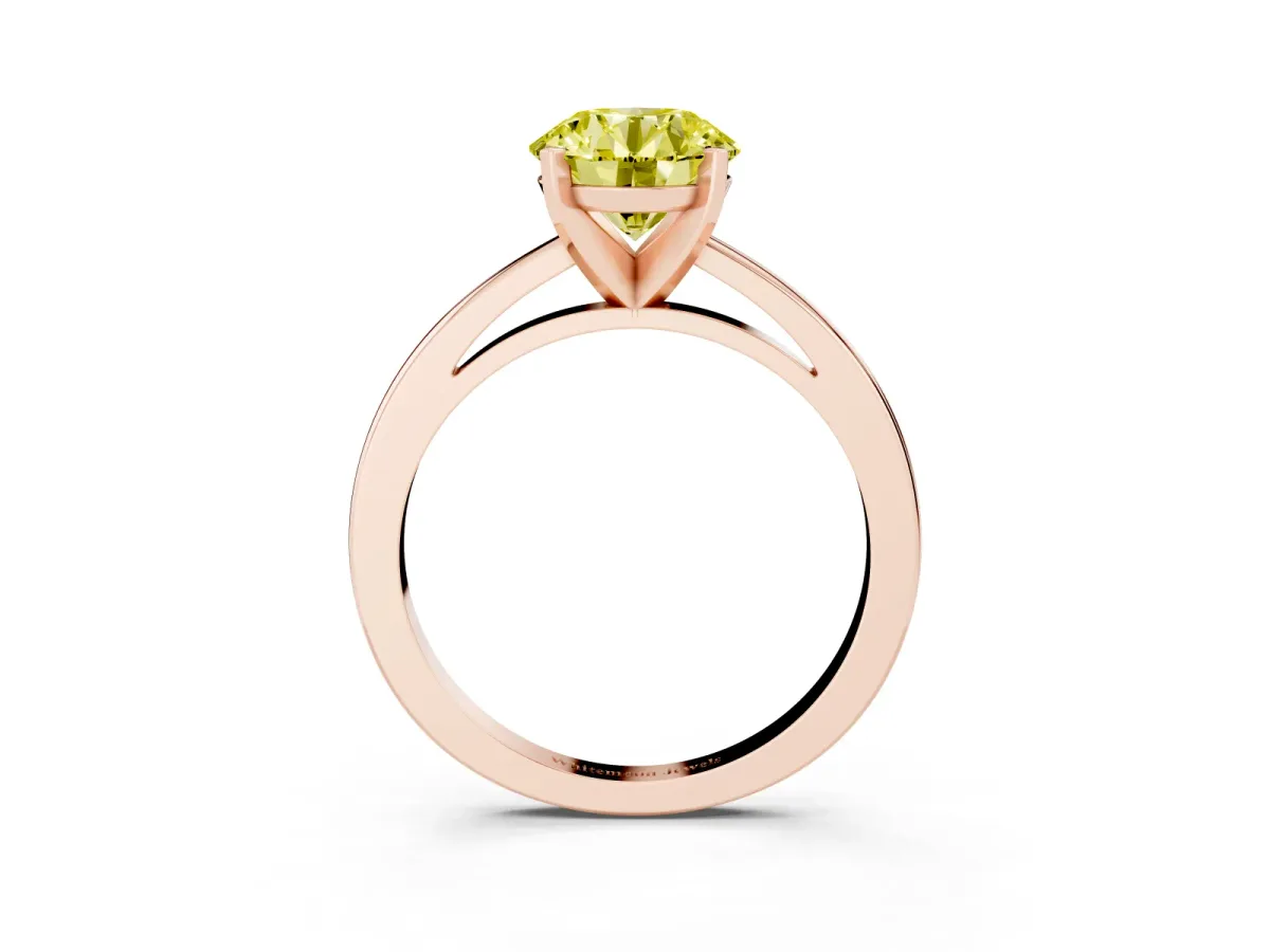 Fancy Yellow Round Cut Solitaire Diamond Engagement Ring with Four-Prong Setting on a Classic Band Rose gold