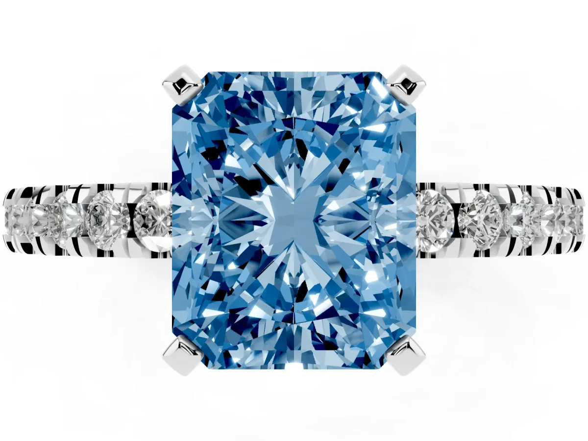 Fancy Blue Radiant Cut Solitaire Diamond with Pavé Band and Four-Prong Setting Platinum