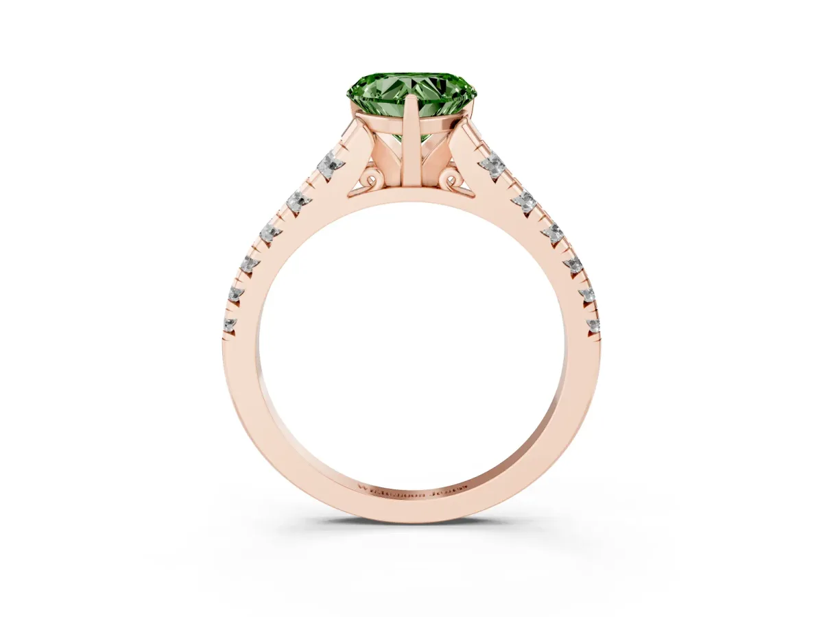 Fancy Green Heart Cut Diamond Cathedral Solitaire Ring with Round Pavé Band Rose gold