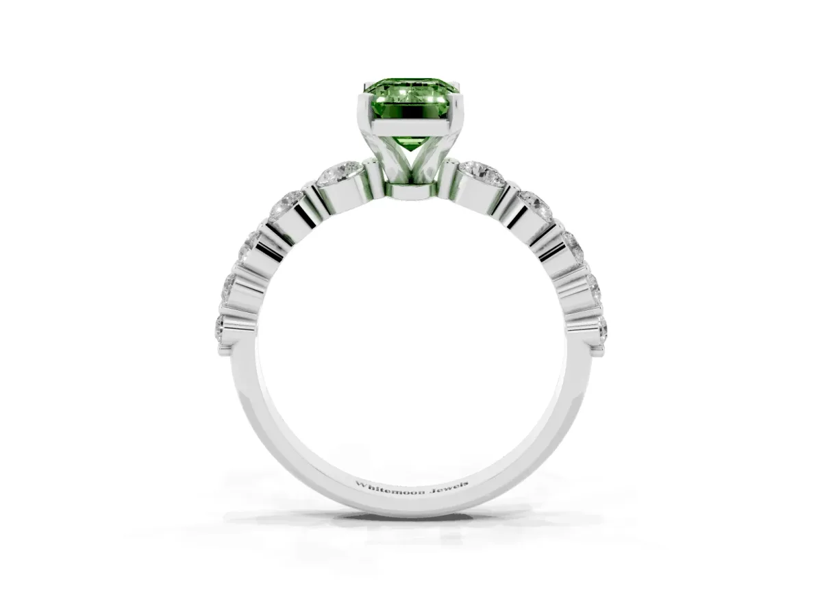 Fancy Green Emerald Cut Solitaire Diamond Ring with Pave Band and Four-Prong Setting Silver