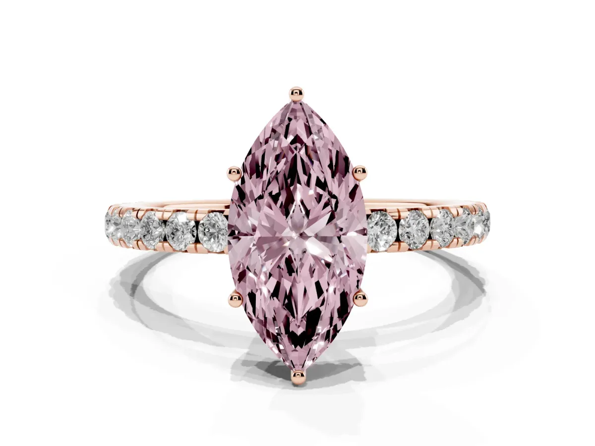 Fancy Pink Marquise Cut Diamond Pavé Solitaire Engagement Ring with Four-Prong Setting Rose gold
