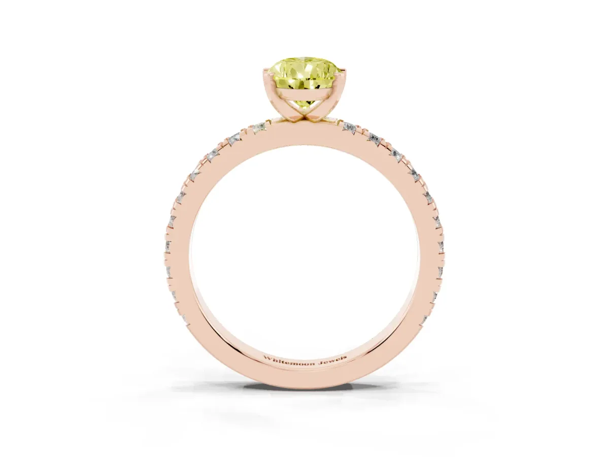 Fancy Yellow Pear Cut Diamond Pavé Band Solitaire with Four-Prong Setting Rose gold