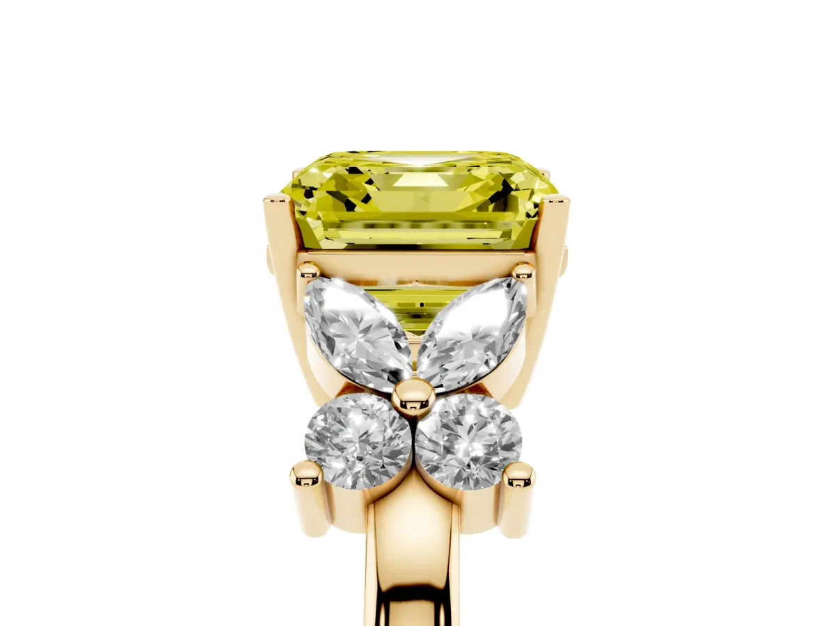 Fancy Yellow Asscher Cut Diamond Floral Cluster Ring with Solitaire Band and Prong Setting Yellow gold