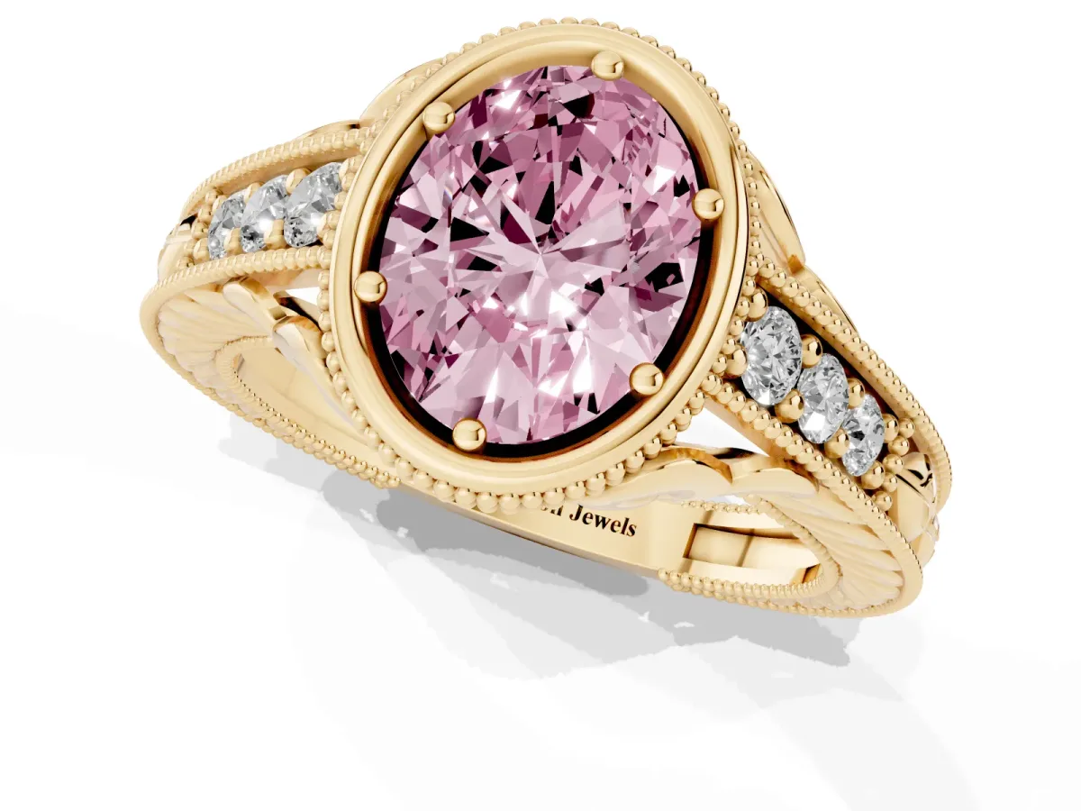 Fancy Pink Bezel Set Oval Cut Diamond Milgrain Pave Engagement Ring Yellow gold