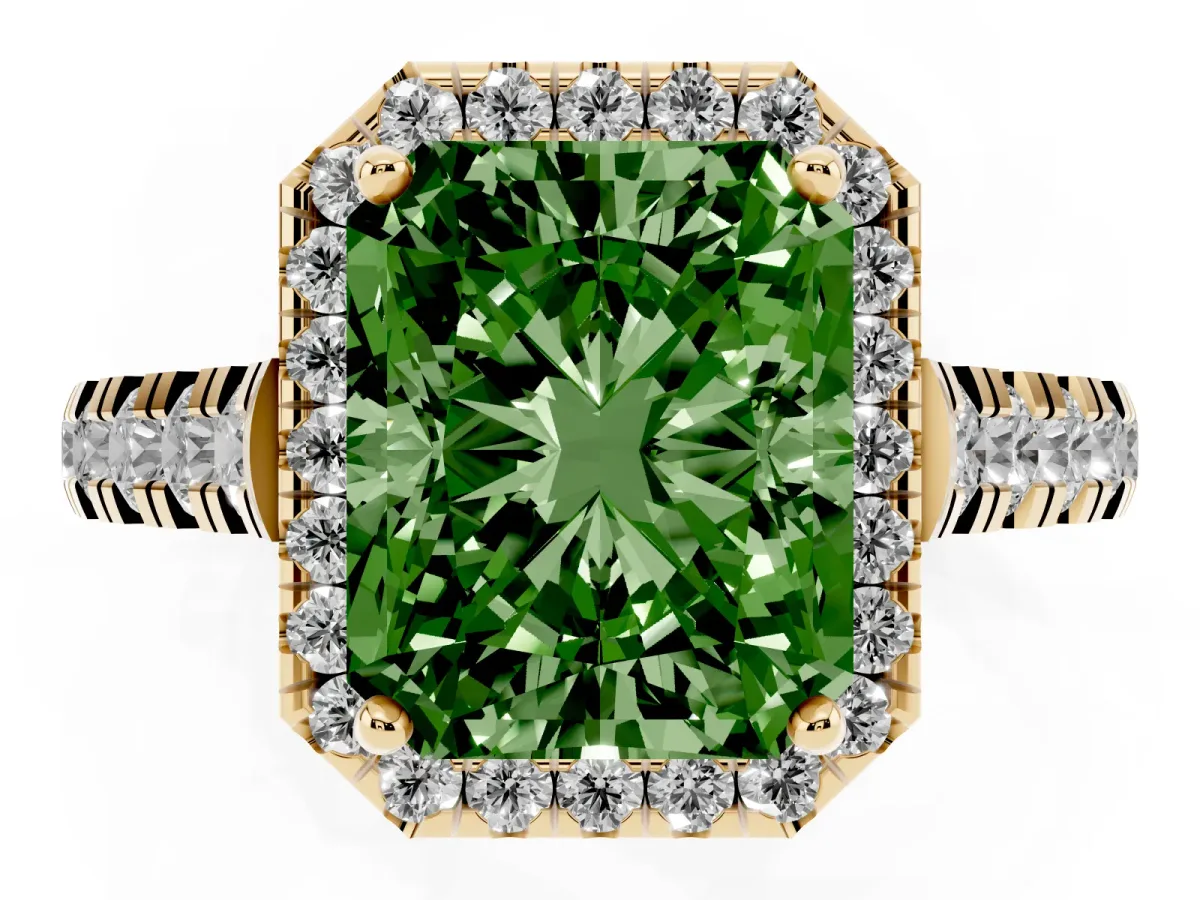 Fancy Green Radiant Cut Halo Pavé Diamond Engagement Ring with Four-Prong Setting Yellow gold