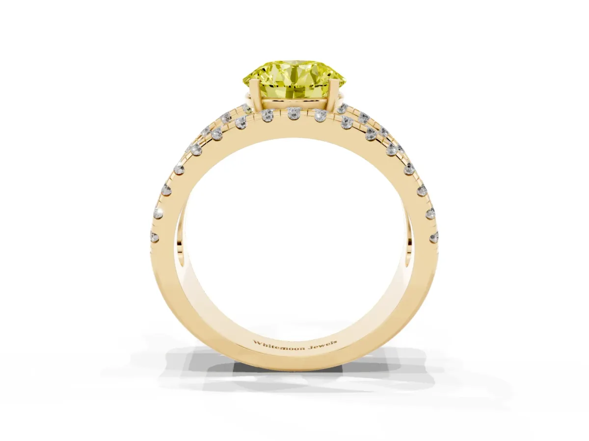 Fancy Yellow Round Cut Solitaire Split Shank Pave Diamond Ring Yellow gold