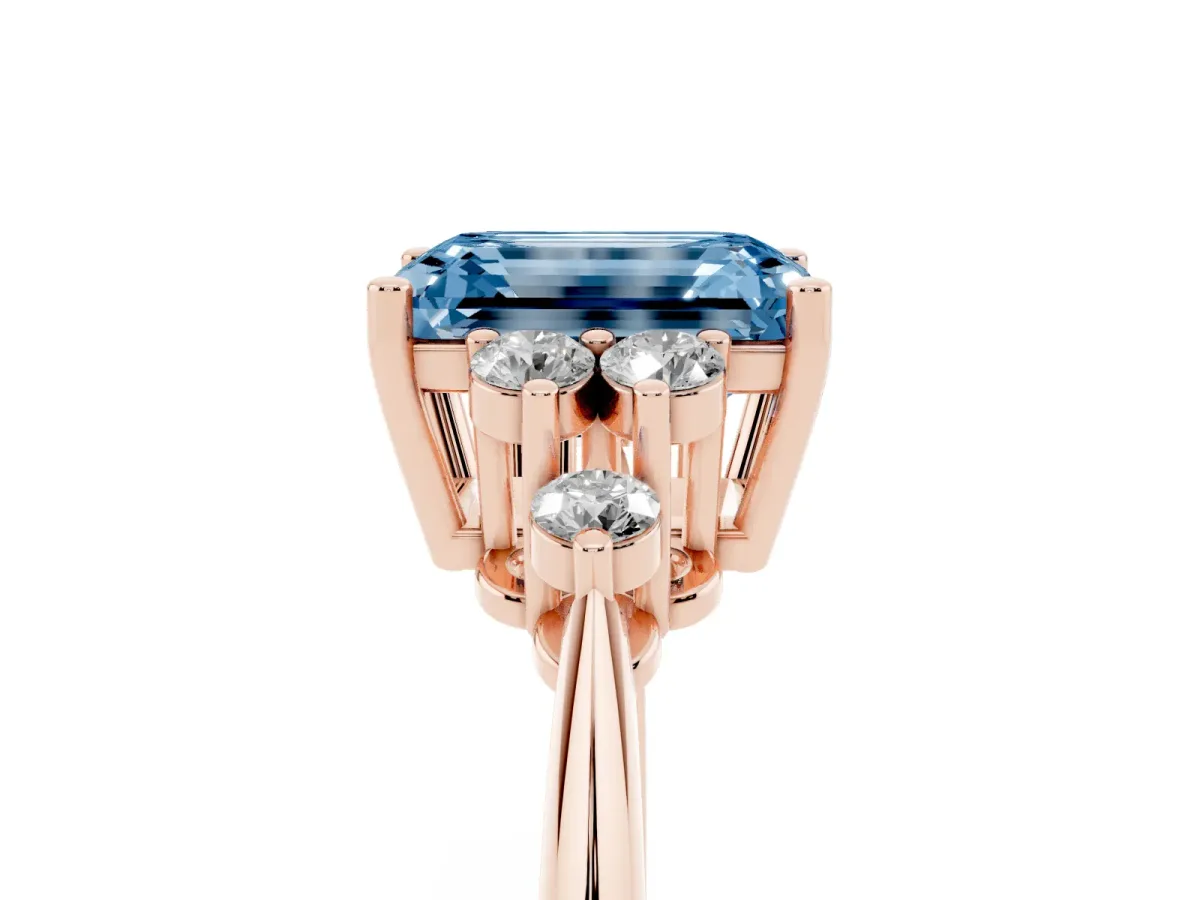 Fancy Blue Emerald Cut Cut Diamond Cluster Ring with Solitaire Band and Four-Prong Setting Rose gold