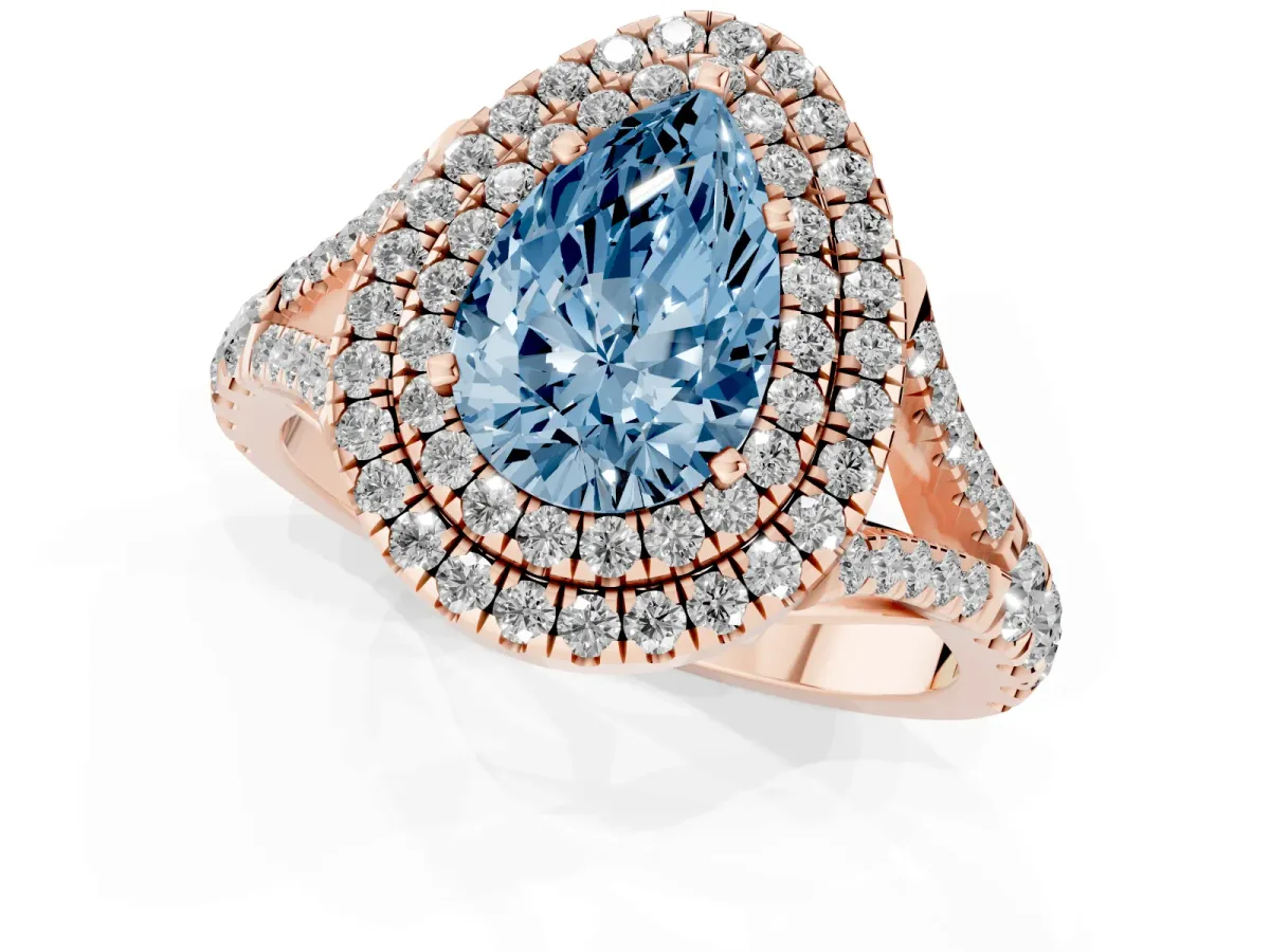 Fancy Blue Pear Cut Cut Double Halo Split Shank Diamond Ring with Prong Setting Rose gold