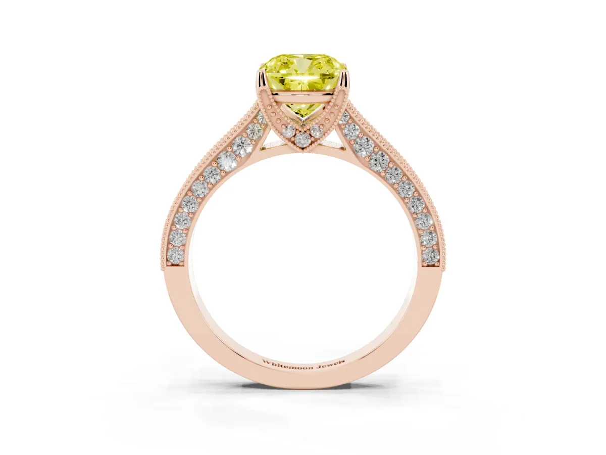 Fancy Yellow Cushion Cut Cut Diamond Solitaire Ring with Milgrain Pave Band and Four Prong Setting Rose gold