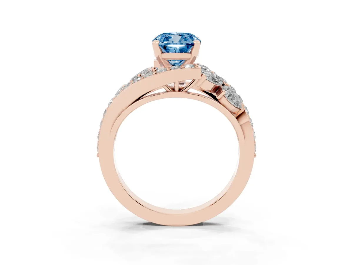 Fancy Blue Cushion Cut Diamond Halo Ring with Marquise and Pavé Band in Prong Setting Rose gold