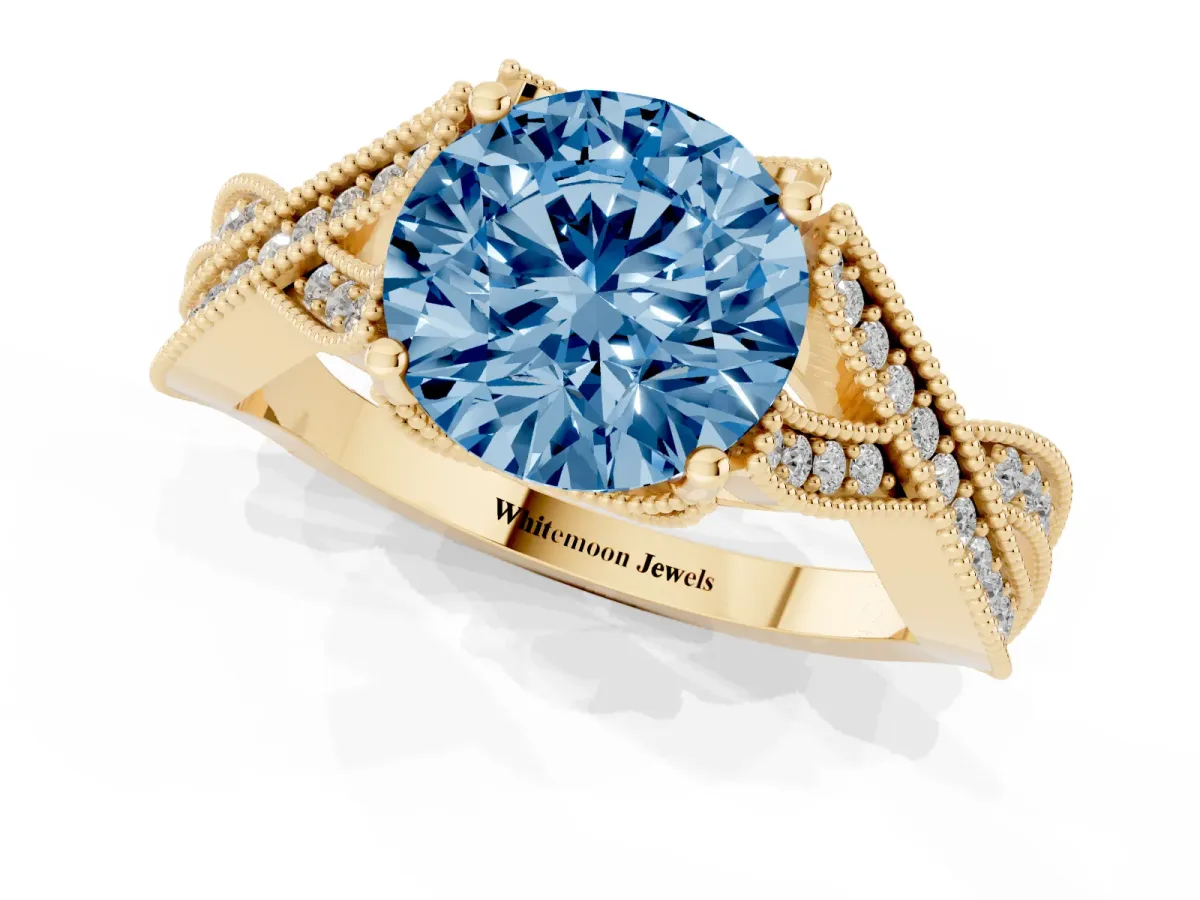 Fancy Blue Round Cut Cut Diamond Twisted Band with Milgrain Pave Setting and Four-Prong Setting Yellow gold
