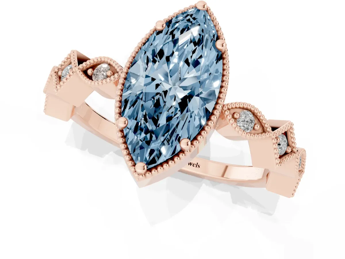 Fancy Blue Marquise Cut Milgrain Marquise Diamond Twist Band Ring Rose gold