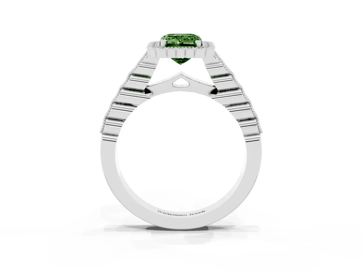 Fancy Green Emerald Cut Cut Halo Pavé Solitaire Ring with Milgrain Band Silver