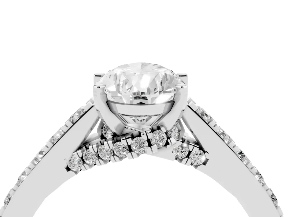 Pear Cut Diamond Solitaire Ring with Crossover Gallery and Round Pavé Band Silver