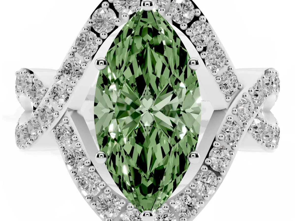 Fancy Green Marquise Cut Solitaire Twist Band Pavé Diamond Engagement Ring Silver