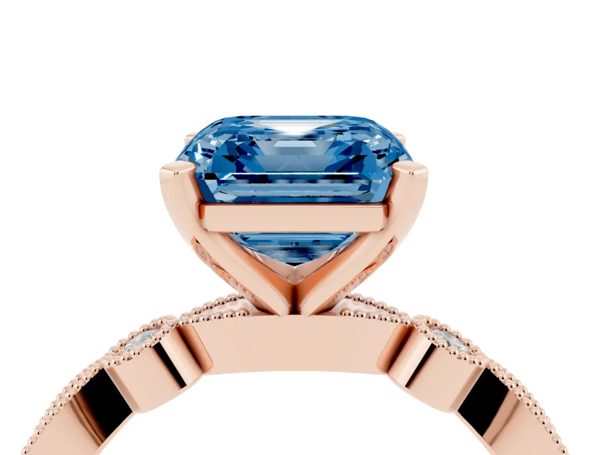 Fancy Blue Asscher Cut Milgrain Bezel Diamond Engagement Ring with Solitaire Prong Setting Rose gold