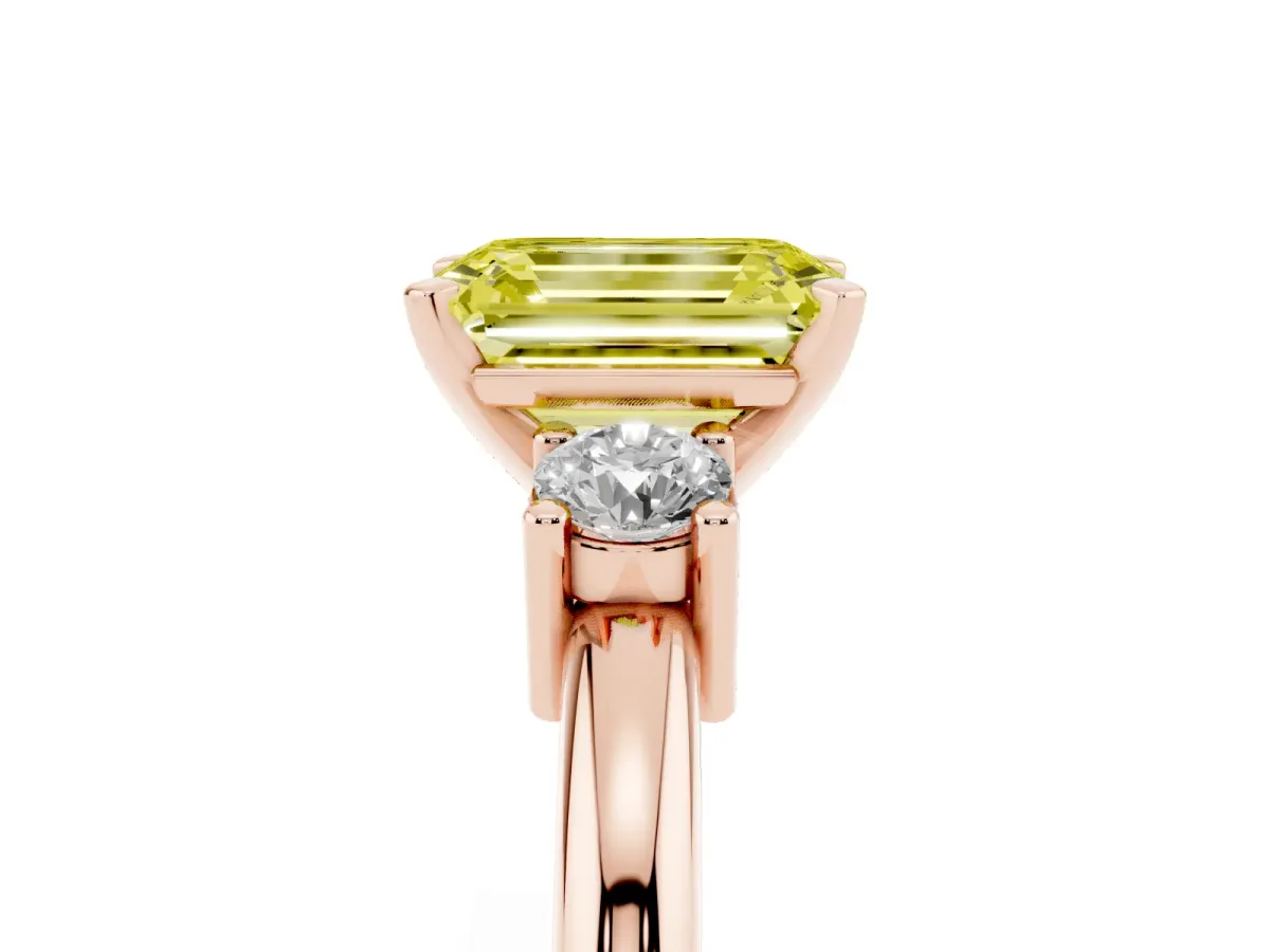 Fancy Yellow Three-Stone Emerald Cut Cut Diamond Solitaire with Prong Setting and Classic Band Rose gold