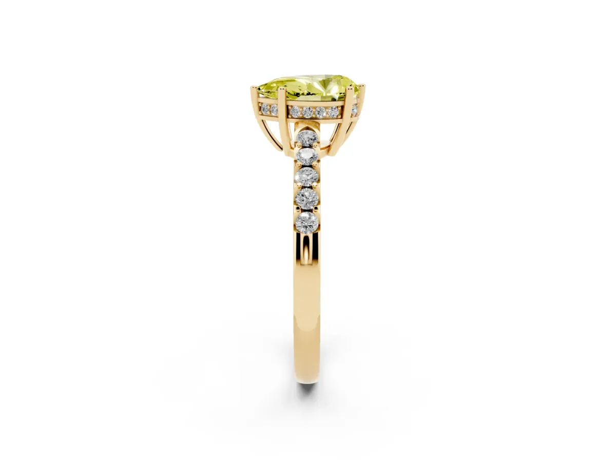 Fancy Yellow Pear Cut Solitaire Diamond Engagement Ring with Pavé Band and Six-Prong Setting Yellow gold