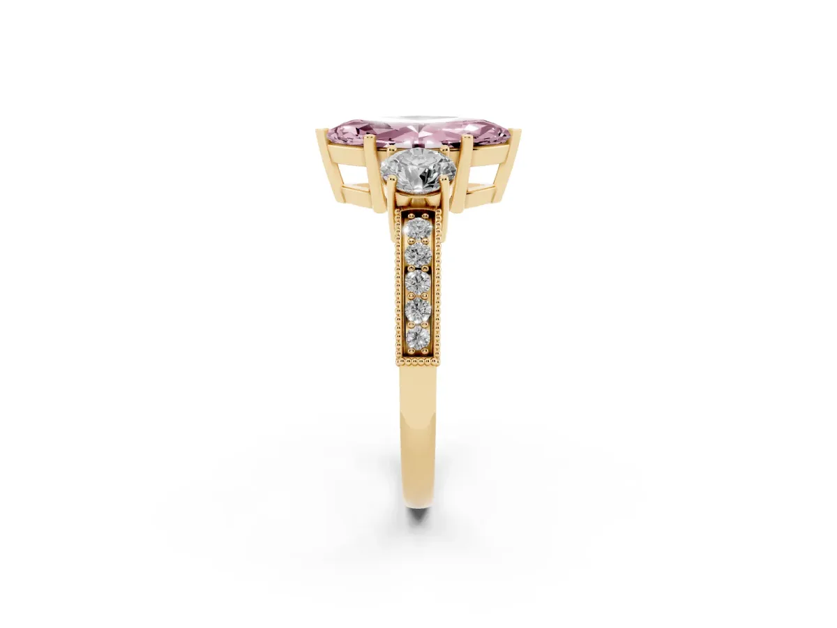Fancy Pink Marquise Cut Three-Stone Diamond Ring with Pavé Band and Four-Prong Setting Yellow gold