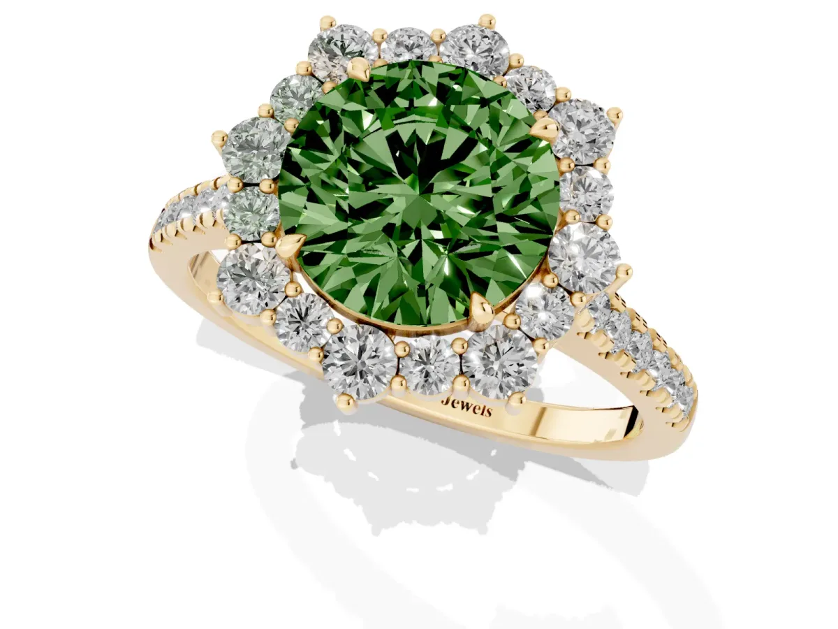 Fancy Green Round Cut Halo Diamond Ring with Pavé Band and Prong Setting Yellow gold