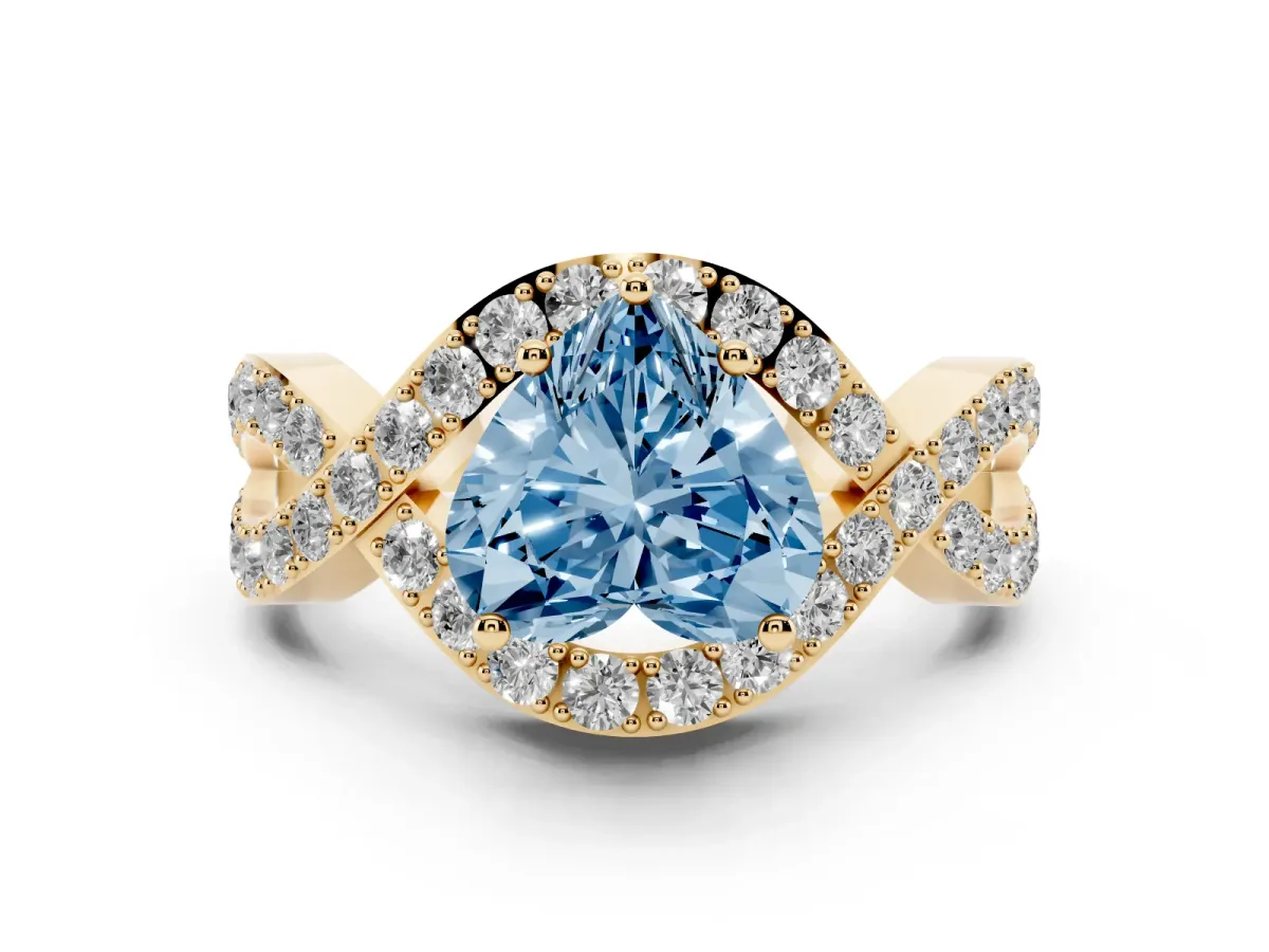 Fancy Blue Heart Cut Solitaire Twist Band Pavé Diamond Engagement Ring Yellow gold