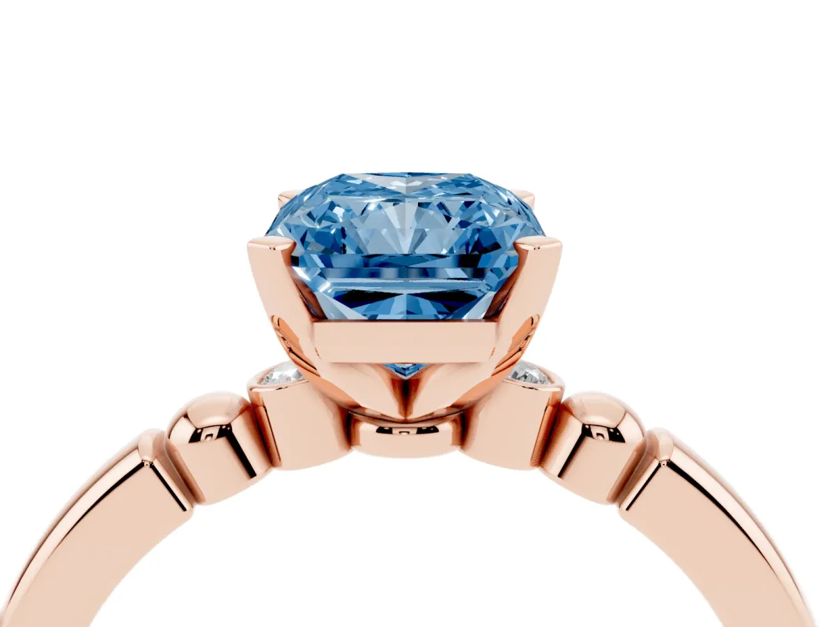 Fancy Blue Radiant Cut Solitaire Beaded Band with Four-Prong Setting Rose gold