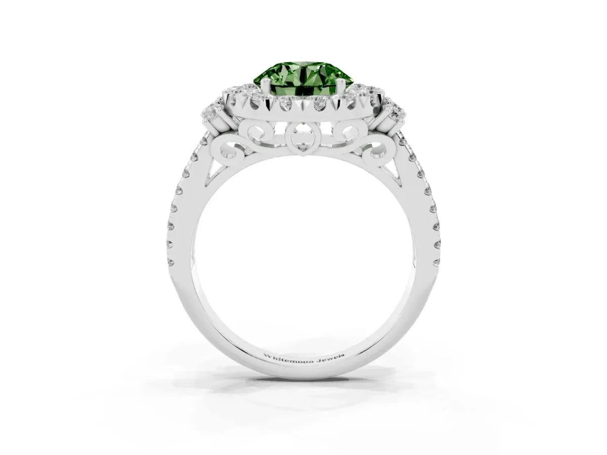 Fancy Green Round Cut Cut Double Halo Diamond Engagement Ring with Pave Band and Four-Prong Setting Silver