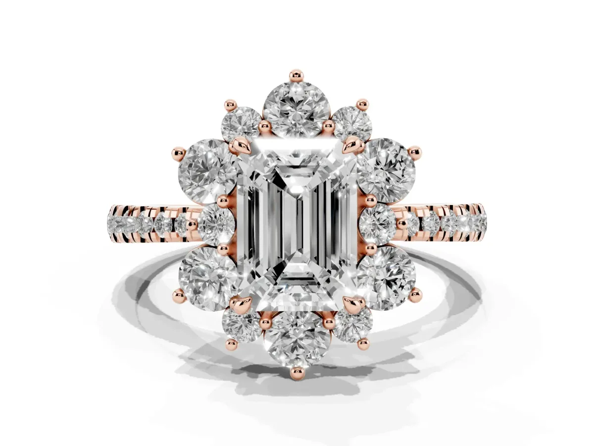 Emerald Cut Diamond Floral Halo Ring with Round Pavé Band and Prong Setting Rose gold
