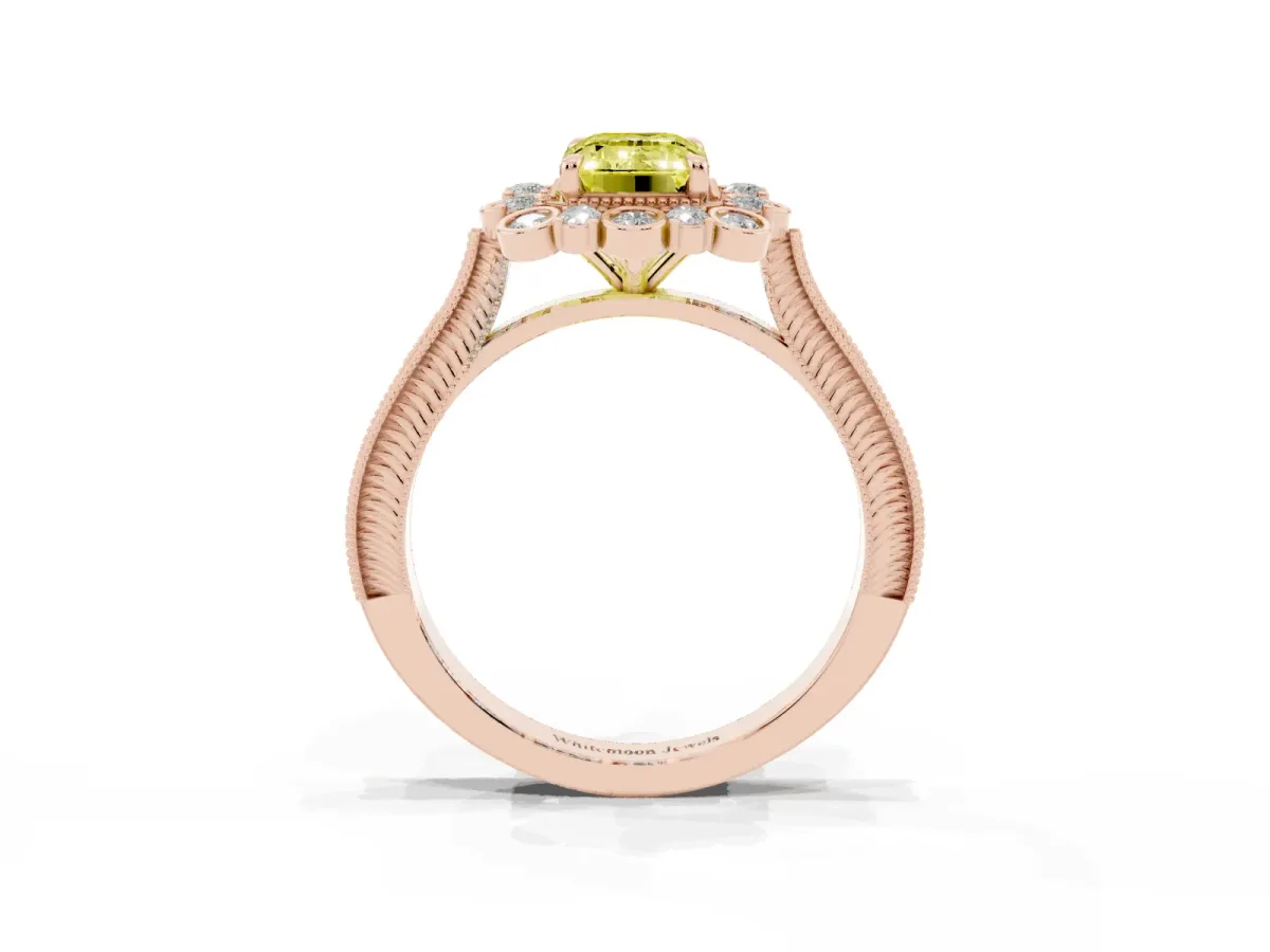 Fancy Yellow Emerald Cut Halo Milgrain Pave Diamond Ring with Four-Prong Setting Rose gold